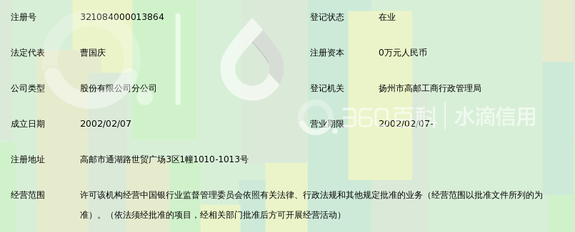 江苏高邮农村商业银行股份有限公司屏淮支行_